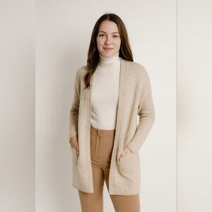 Fortune + Ivy tan and white long knit open cardigan with pockets, size L, NWOT